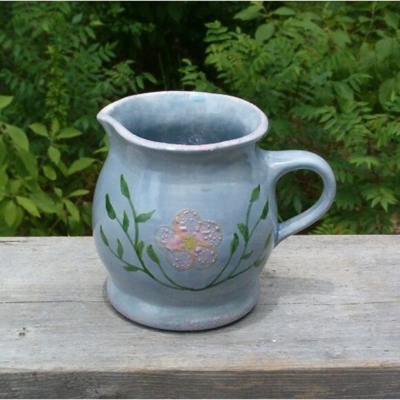 Handmade Ceramic  Coffee Creamer  Blue Cottage Core w/ Floral Design - Picture 2 of 3
